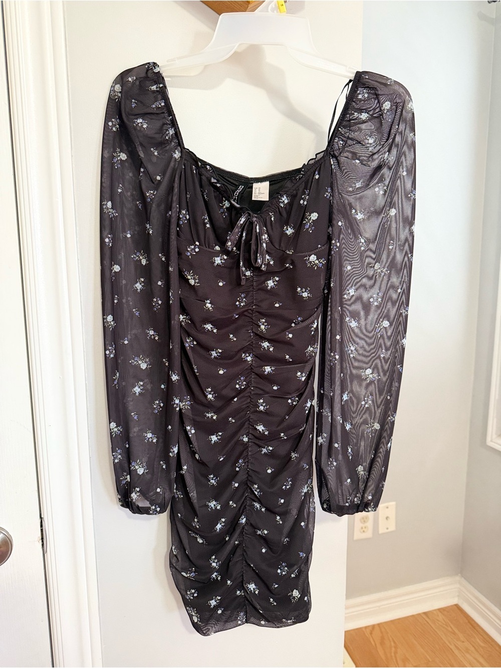 Black Floral Ruched Long Sleeve Fitted Mesh Mini Dress